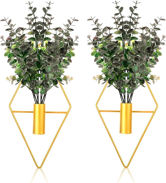 Wall Decor Hanging Planters with Artificial Plants, Modern Metal Wall Planter Set with Greenery Eucalyptus, Geometric Fake Plants for Gold Decor Living Room Aesthetic (2 Pcs)