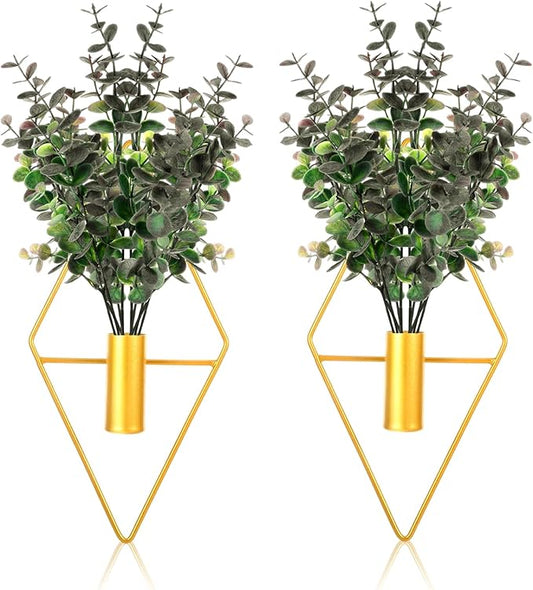 Wall Decor Hanging Planters with Artificial Plants, Modern Metal Wall Planter Set with Greenery Eucalyptus, Geometric Fake Plants for Gold Decor Living Room Aesthetic (2 Pcs)