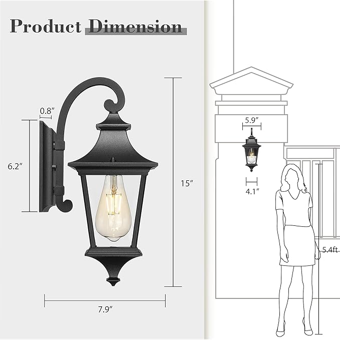 Emliviar Twin Pack 15" Outdoor Porch Light, Farmhouse Exterior Wall Light for Patio, Clear Glass with Black Finish, XE292B-2PK BK