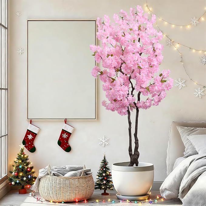 Faux Cherry Blossoms Tree Pink 6FT Artificial Cherry Blossom Tree Beautiful Flowering Trees for Home Christmas New Year Decor