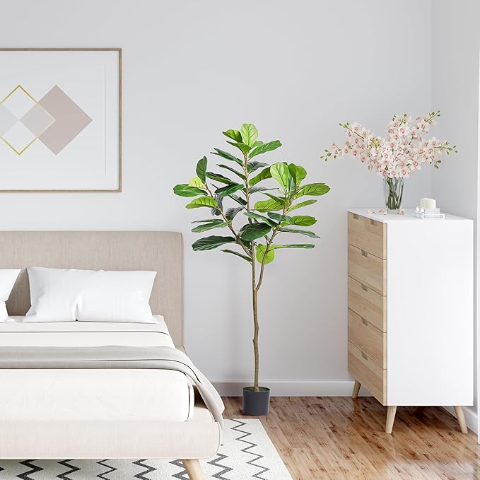 VEVOR Artificial Fiddle Leaf Fig Tree 6 FT, Secure PE Material & Anti-Tip Tilt Protection Low-Maintenance Faux Plant, Lifelike Green Fake Potted Tree for Home Office Warehouse Decor Indoor Outdoor