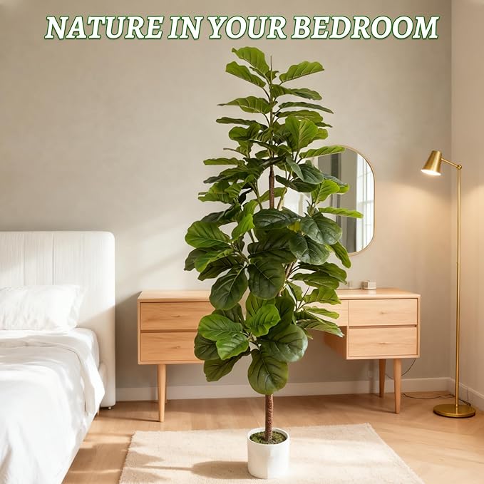 6ft Artificial Fiddle Leaf Fig Tree with 96 Fiddle Leaves, Fake Ficus Trees Indoor with Plastic Nursery Pot, Faux Ficus Lyrata Plant with Fake Moss, adorning The Living Room, Bedroom, and Office
