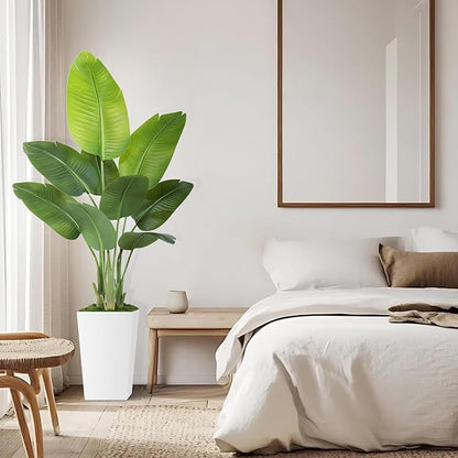 Lifelike Bird of Paradise Artificial Plant 5ft Faux Banana Leaf Tree with White Tall Planter for Home Decor - Perfect Indoor Silk Floor Plant for Living Room, Office, and Bedroom Ambiance Enhancement