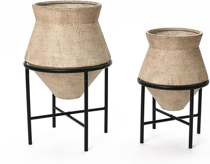 LuxenHome Planters for Indoor Plants, Set of 2 Indoor Plant Pots, Novelty Decorative Planters with Black Metal Stands, Distressed Cachepot Cauldron Large Floor Flower Pot for Home Office, 11 & 16 Inch
