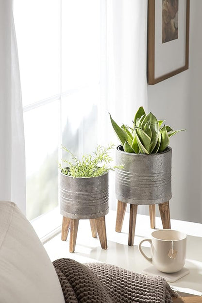 Kate and Laurel Gavri Farmhouse Galvanized Metal and Wood Tabletop Planter Set, 2 Piece, Decorative Metal Planter Centerpiece for Table