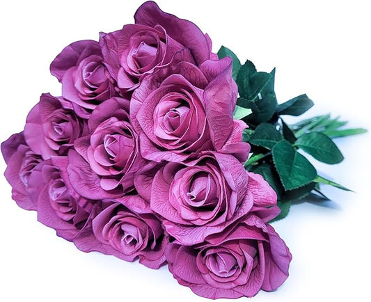 10 Single 26inch Real Touch Artificial Roses - Long Stem Fake Silk Flowers with Leaves, Looking Real, for Tall vase, Wedding, Home Decor, Centerpieces, Office Party, (10,Lilac)