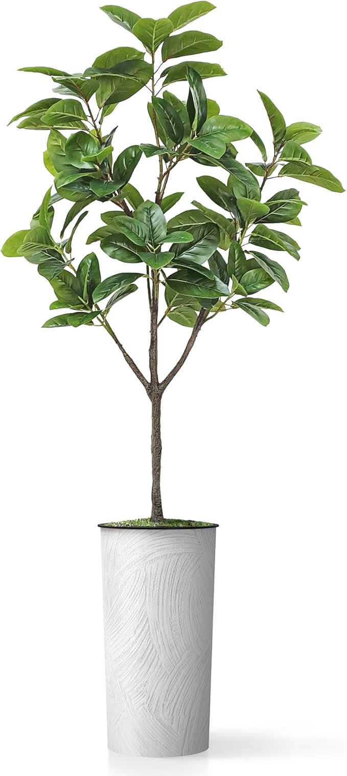 Artificial Tree in White Marble Effect Planter, Fake Magnolia Tree for Indoor and Outdoor Home Decoration - 70" Overall Tall (Plant Pot Plus Tree)