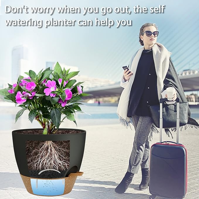 UUBEMM Self Watering Planters with Drainage Holes, Set of 3 Plastic Plant Pots with Deep Reservoir for Indoor Outdoor Garden Flowers Plants,10+9+8 Inch (Black)