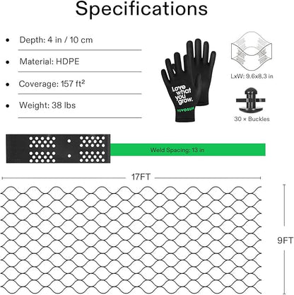 VIVOSUN 4’’ Depth Ground Grid, 9x17 ft, High-Density HDPE Geo Cell, 1885 lbs per sq ft Load, Foldable & Tensile, Easy Installation with Gloves, Perfect for Gardens, Driveways, Pathways, Slopes