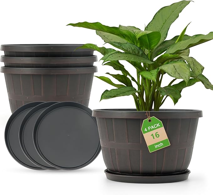 Quarut 16 Inch Brown Classic Plastic Whiskey Barrel Planters Set of 4 with Drainage Holes & Trays for Indoor & Outdoor Use