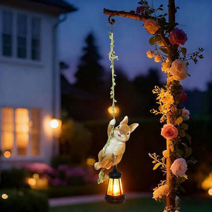 Solar Hanging Bunny Rabbit Statue, Outdoor Resin Animal Figurine with LED Lights for Garden, Fence, Porch, Patio, Yard Decor, Dusk to Dawn Auto On/Off