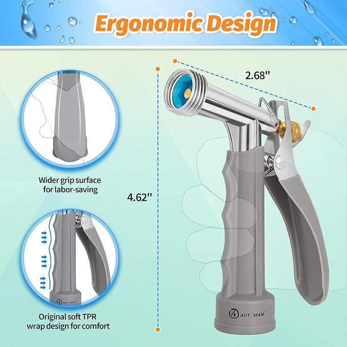 AUTOMAN Full Size Garden Hose Nozzle, High Pressure Pistol Grip Water Nozzle Sprayer with Threaded Front, Adjustable Spray Water Flow for Washing Car, Cleaning Ground, Watering Plants, Showering Pets