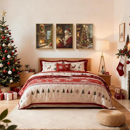 Large Vintage Christmas Framed Canvas Wall Art Set,Santa Reading Book Wall Decor,Retro Xmas Tree Art Prints,Snowy Winter Fireplace Artwork for Living Room,Bedroom,Farmhouse -16"x24"x3