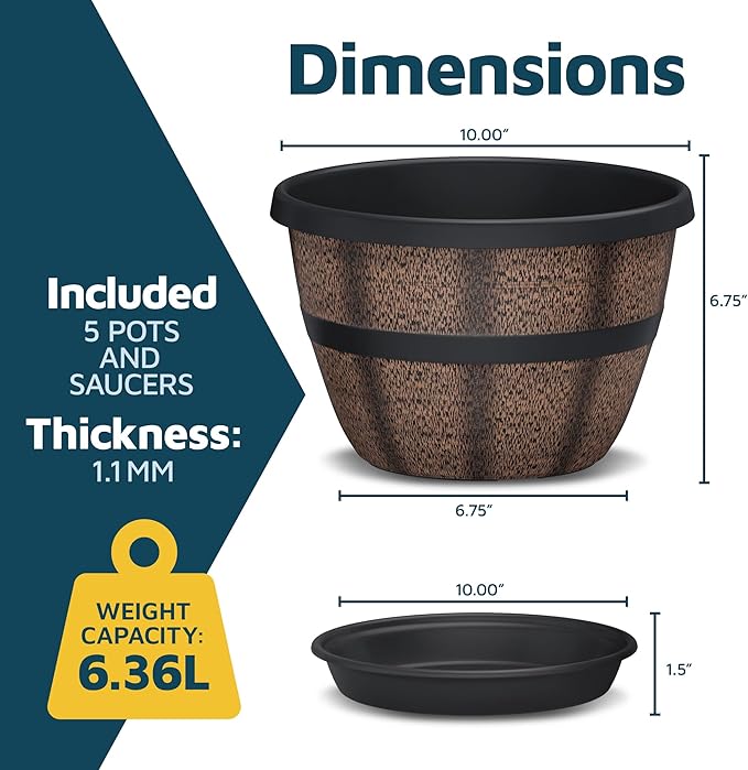 10-Inch Whiskey Barrel Planters Outdoor Pack of 5 - Durable Plastic Plant Pots for Indoor & Outdoor Use with Drainage & Saucer, Lightweight Rustic Barrel Planters for Flowers, Herbs & Small Plants