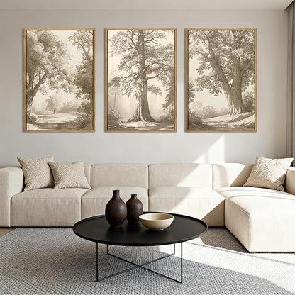 Vintage Tree Wall Art Framed Tree Sketch Antique Painting Neutral Forest Wall Decor 16x24 Inch Set of 3 for Living Room Bedroom