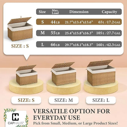 CAPHAUS Foldable Laundry Basket w/Lid, Synthetic Rattan Hamper w/Handles, 2 Removable Liner Bags, Large Storage Basket, 65L, Natural