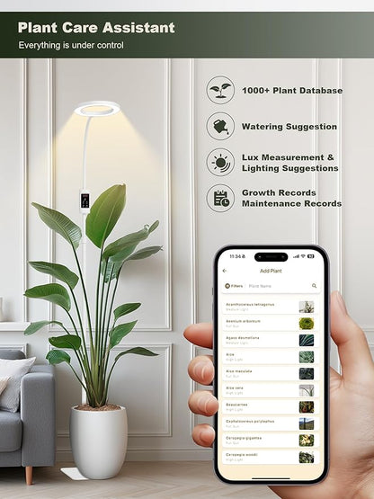 GLOWRIUM Smart Grow Lights for Indoor Plants, 24W Full Spectrum Plant Lights with Bluetooth App, Adjustable Height 47-70.9", Auto Timer, Indoor Plant Lamp for Large Tall Plants（White 24W）