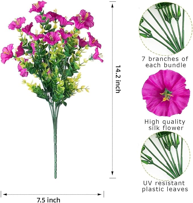 Artificial Fake Flowers Plant for Outdoors, 12 Bundles Faux Morning Glory UV Resistant Look Real Silk Flowers for Outside Planter Front Door Porch Patio Yard Decoration, (Mix 4 Colors)