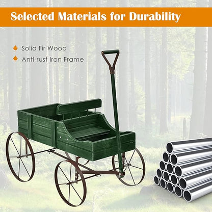 Goplus Wagon Planter, Decorative Wooden Garden Planter with Wheels, 2 Planting Sections and Adjustable Handle, Indoor Outdoor Backyard Balcony Decor (Green)