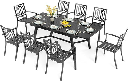 PHI VILLA 9 Pieces Outdoor Dining Set for 8, 84" Long Expandable Metal Steel Table & Stacking Wrought Iron Chairs, Modern Furniture Set for Patio, Deck, Yard, Porch - Black