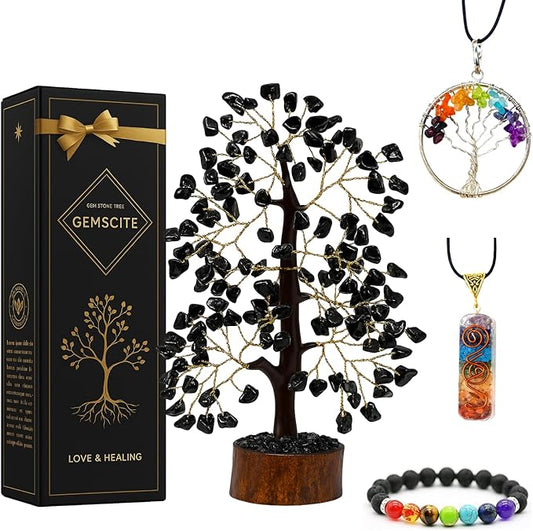 GEMSCITE Black Tourmaline Crystal Tree with Golden Wire – Handmade Gemstone Bonsai for Protection, Grounding & Home Decor