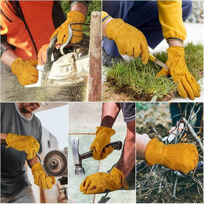 OZERO Leather Work Gloves Flex Grip Tough Cowhide Gardening Glove for Men and Women (Large, Gold With Mesh Linning)