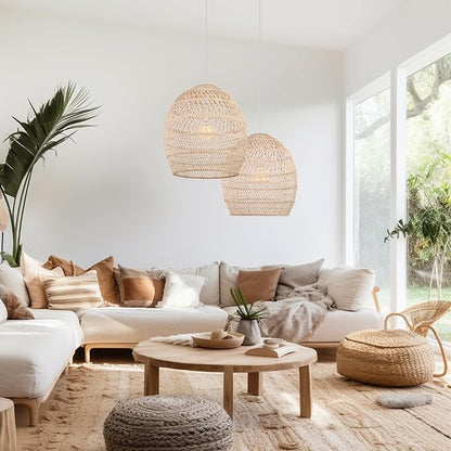 Arturesthome Boho Wicker Chandelier,W 15.7"*H 18" Rustic Rattan Basket Pendant Light Fixture Coastal,Farmhouse Hanging Lighting for Dining Table Kitchen Island Bedroom