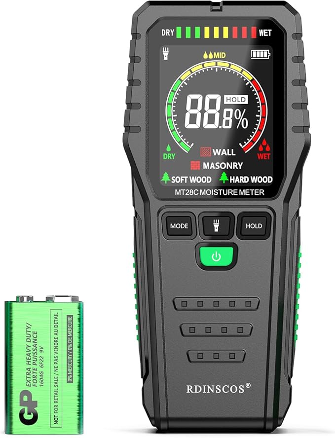 Pinless Moisture Meter for Wall,Floor – Digital Moisture Tester with 3-Color LCD Display, Audible Alarm & HOLD Function – Ideal for Home Inspections (Red_green)