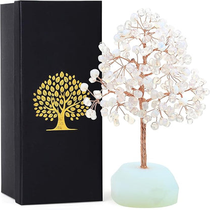 SITUMEIZI Opal Healing Crystals Tree 7.09IN Healing Stones Opalite Natural Crystals Base Copper Wire Tree Life Gifts for Women Room Office Desk Decor Spiritual Meditation Energy Feng Shui Reiki