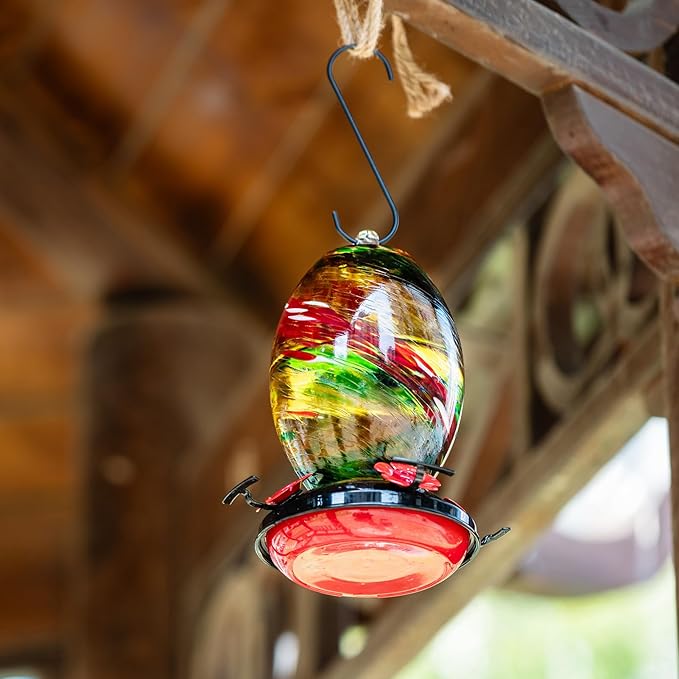 Muse Garden Hummingbird Feeders for Outdoors Hanging, Blown Glass Feeder - Gifts for Mom, Garden Backyard Decor, Unique Idea Women Mothers Day, 27OZ, Ribbon