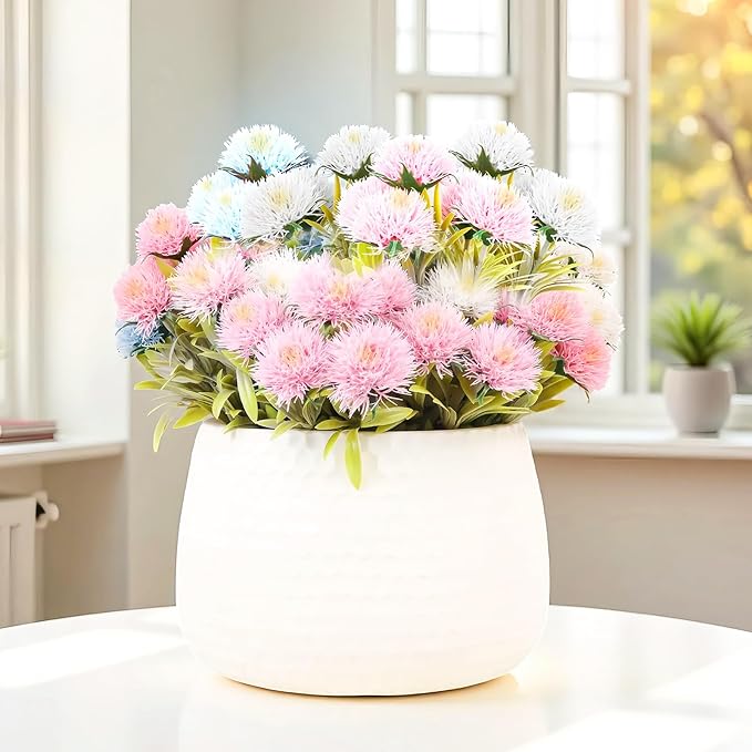 FGSAEOR 12 Bundles Artificial Dandelion Flowers for Outdoor Indoor, Faux Flower with Eucalyptus Leaves Fake Plants Greenery, Garden Home Decor