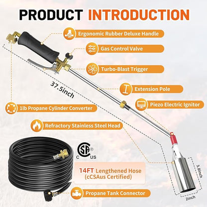 Propane weed torch, Blow Torch High Output with 14FT hose, Extended detachable blow torch with self-igniter and Turbo Trigger, for Weeding,Roofing,Melting Snow,Road Paint Removing