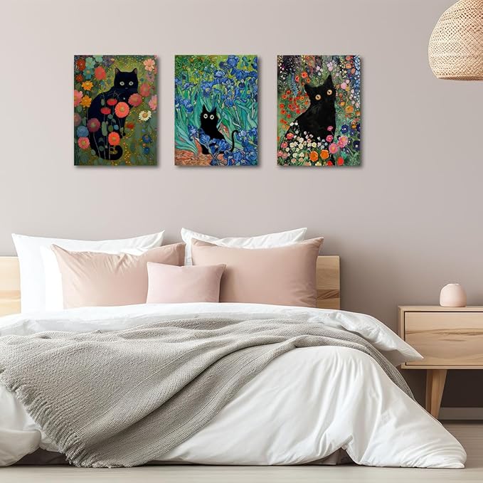 3 PCs Garden Cat Wall Decor Canvas Wall Art Framed Art Cat Posters, Cat Decor for Cat Lovers, Cat Lover Gifts, Aesthetic Artwork for Walls Living Room Bathroom Dining Room Bedroom Home Office Decor