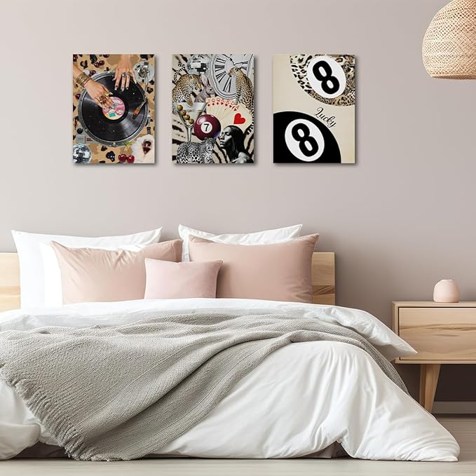 Trendy Leopard Print Framed Canvas Wall Art Set of 3, Vintage Vinyl Record Cheetah Wall Decor Aesthetic, Funky Lucky 8 Ball Picture Trendy Decor for Home Living Room Bathroom, 11.4"x15"