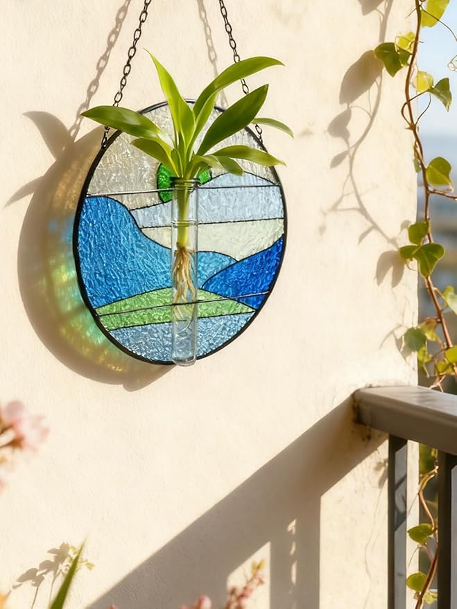 Stained Glass Propagation Stations - Sunshine Catcher Window Hanging Plant Holder, Terrariums Wall Decor for Women Mom Plant Lovers Christmas Gardening Gifts, Green