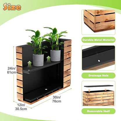 Metal Planter Box Rectangular Planter Box with Drainage Hole, Outdoor Large Planters, All-Weather Use, Rust-Resistance, for Flowers Plants, 29.9" L × 12" W × 24" H, Dark Walnut
