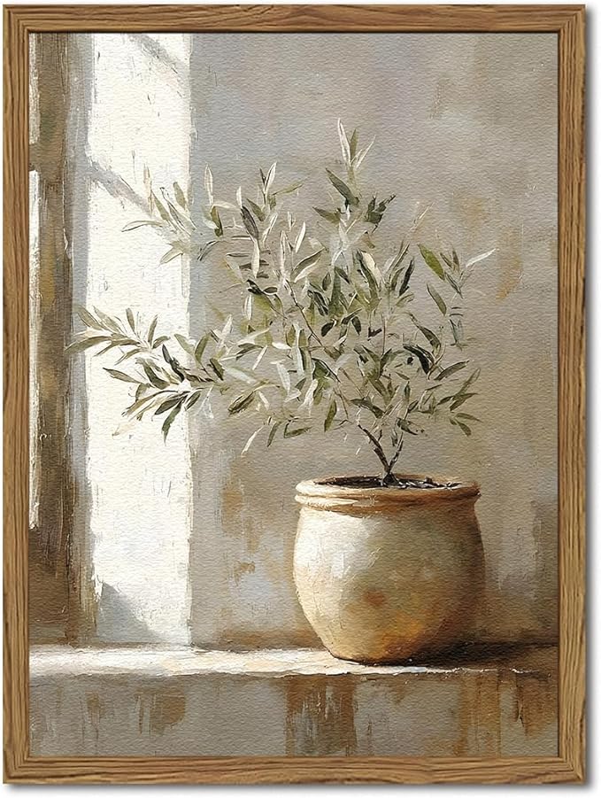 Framed Vintage Olive Tree Wall Art, 3D Textured Sandstone Botanical Pictures Wall Decor, Rustic Neutral Potted Plant Paintings Prints Aesthetic Farmhouse Home Decor for Living Room Bedroom 12x16 inch