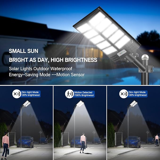 Solar Street Light 8000W, Street Light Outdoor High Lumens, Parking Lot Lights 6500K, Solar Lights Outdoor Motion Sensor Dusk to Dawn for Parking Lot with Remote Control, 1 Pack