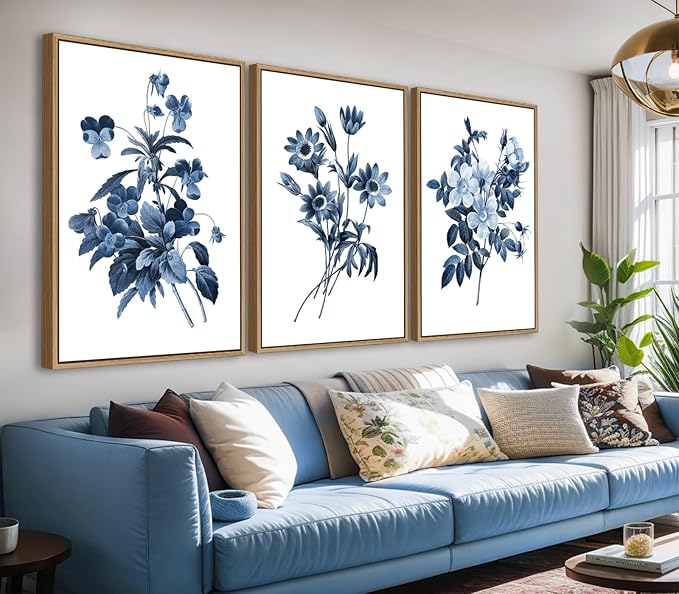 Large Framed Canvas Wall Art - Natural Float Framed Indigo Flowers Picturtes for Living Room Decor Retro Blue Floral Botanical Artwork Plants for Bedroom Kitchen Home Office Decor 60" X 28" Set of 3