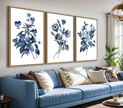 Large Framed Canvas Wall Art - Natural Float Framed Indigo Flowers Picturtes for Living Room Decor Retro Blue Floral Botanical Artwork Plants for Bedroom Kitchen Home Office Decor 60" X 28" Set of 3