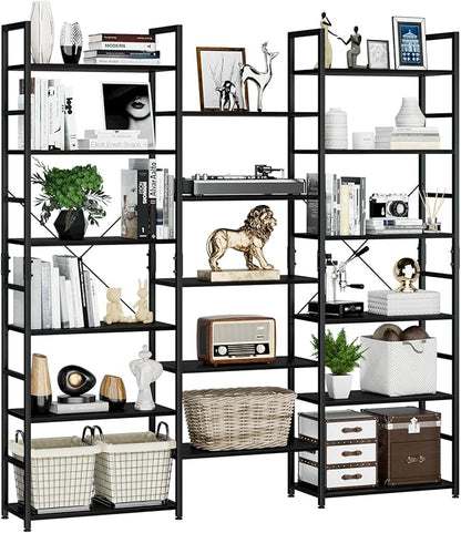 NUMENN Triple Wide 6 Tier Bookshelf, Rustic Industrial Style Bookcases and Bookshelves with 17 Open Display Shelves, Modern Tall Bookcase Furniture for Bedroom, Living Room and Home Office, Black