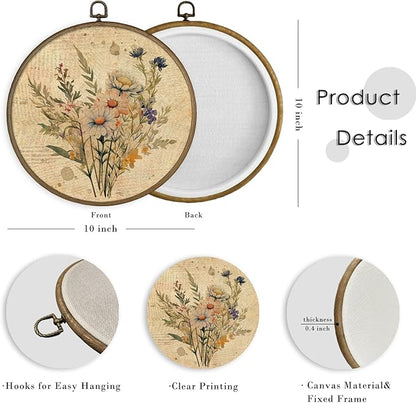 MAQIKA Vintage Floral Framed Wall Art Decor, Boho Flower Wall Decor, Botanical Daisy Round Wall Hanging Decor, Farmhouse Plant Canvas Prints Wall Art for Kitchen Bathroom Dorm Room, 10x10 Inch