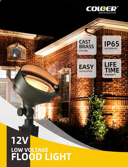COLOER Die-cast Brass LED Landscape Flood Lights Outdoor 6-Pack with Bulb, 2W 9-17 Volt Low Voltage Wall Wash Lighting, Outdoor Floodlight for Illuminating Signs, Walls and Plant Material(501B)