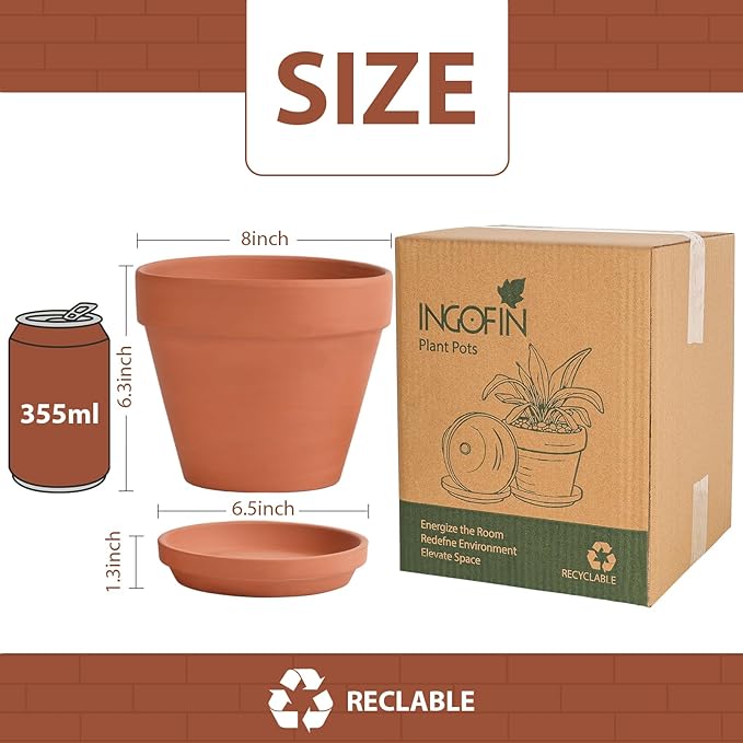INGOFIN Terracotta Pots Set with Saucer - 2-Pack Ceramic Clay Planters with Drainage Hole, Garden Flower Succulent Pots with Tray for Indoor Outdoor Plants, 8 inch, Set of 2
