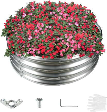 2.7FT Diameter Galvanized Garden Raised Bed/Plant Box/Fire Pit Ring-0.8mm Thick,12 Inch Tall,Crimped Edge and Corner,No Sharpe,Perfect for Plantings (Silver, 32 Dia X 11.5 inches)