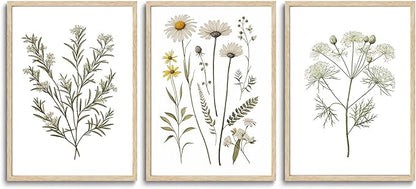 CHMMART 3 Piece Botanical Wildflower Framed Wall Art Floral Canvas Art Prints Green Plant Paintings Wall Decor Flower Pictures Artwork for Living Room Bedroom Bathroom 16x20in