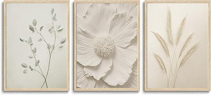 CHMMART 3 Piece Neutral Botanical Framed Wall Art Beige Floral Canvas Art Prints Minimalist Flower Pictures Wall Decor Boho Painting Artwork for Living Room Bedroom Bathroom 12x16in