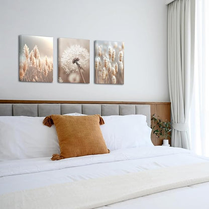 AoArtWZ Dandelion Canvas Wall Art Beige Pampas Plant Flower in Sunshine Picture Prints Artwork for Home Living Room Decor Framed 12" x 16" x 3pcs