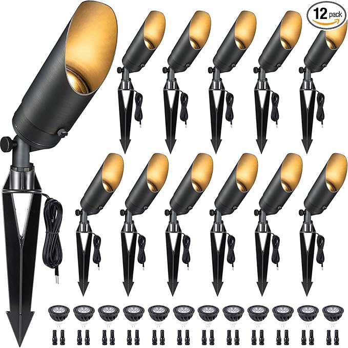 Gardenreet Die-Cast Brass Spot Light Outdoor - 12V Uplighting Waterproof, LED Low Voltage Landscape Lights Metal, Bronze for Fence Fountain with Daytime White MR16 Replaceable Bulbs (12 Pack)
