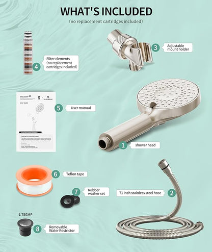 SR SUN RISE Filtered Shower Head with Handheld High Pressure 9 Spray Mode Showerhead Detachable Shower Head Water Softener Filters Beads for Hard Water Remove Chlorine 1 Filter Brushed Nickel